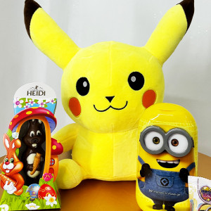 Pachet The Joy pentru copii cu jucarie de plus Pikachu, Sampon/Gel de dus 2in 1 Minions si iupuras de ciocolata cu lapte Heidi1