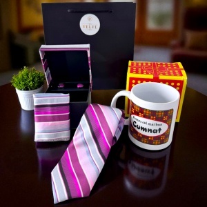 Pachet Twist Elegance pentru cumnat, cana personalizata si cutie 3 piese cu cravata, batista si butoni, Mov-Gri - Img 4