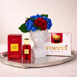 Pachet Vaza Adonis cu aranjament floral inclus, ciocolata, Apa de Parfum Luxury Rouge, Riiffs, Unisex- 100ml