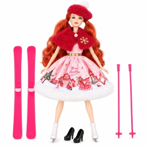 Papusa de Craciun cu schiuri, patine si accesorii, 30 cm, Roz, 3 ani+ - Img 3
