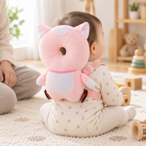 Pernita de protectie pentru capul bebelusului, tip rucsac, model Pisicuta, bretele reglabile, roz, 6 luni+ - Img 2