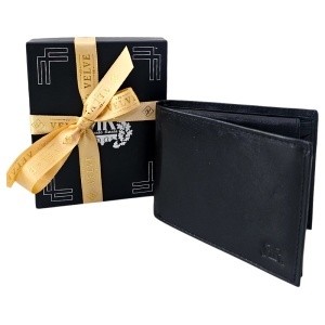 Portofel barbati Onyx Black, din piele naturala , compartimentat, Negru lucios, 12x10 cm