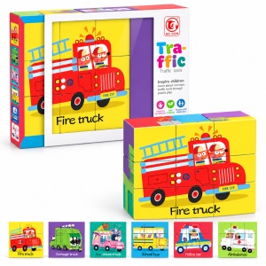 Puzzle educativ 6 in 1 cu vehicule, 9 cuburi, 3+ ani