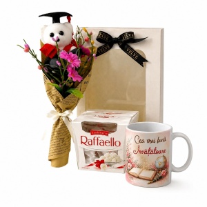 Set „Cea mai buna Invatatoare” cu cana personalizata, minibuchet cu ursulet, praline Raffaello si ambalaj elegant
