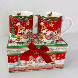 Set 2 cani din ceramica, Gingerbread House, ambalate in cutie cadou eleganta, 150 ml, Rosu - Img 5