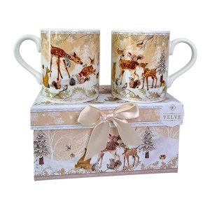 Set 2 cani din ceramica, Winter Deer, ambalate in cutie cadou eleganta, 150 ml, Crem
