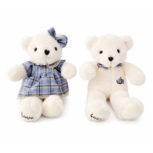 Set 2 ursuleti de plus premium ,cuplu elegant, 35 cm, alb-ivory cu detalii bleu in carouri
