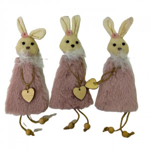 Set 3 decoratiuni pentru Paste, iepurasi cu rochie din blanita roz, 23cm