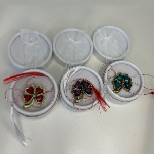 Set 3 martisoare tip brosa trifoi, Lucky, in cutii individuale cu fundita, Alb