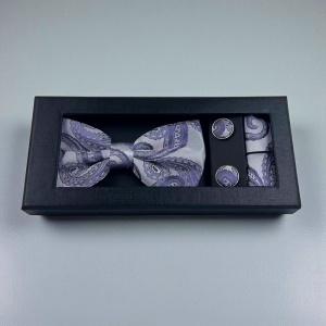 Set 3 piese Elegant pentru barbati, cu papion, butoni si batista din stofa, Gri-Lila - Img 2