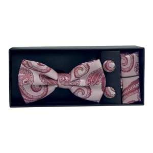 Set 3 piese Elegant pentru barbati, cu papion, butoni si batista din stofa, Roz pal