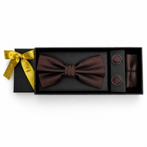Set 3 piese Elegant pentru barbati, papion, batista si butoni, Maro ciocolatiu