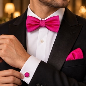 Set 3 piese Elegant pentru barbati, papion, batista si butoni, Roz fucsia - Img 2
