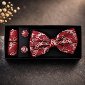 Set 3 piese Elegant pentru barbati, papion, butoni si batista din stofa, cu imprimeu paisley rosu - Img 3