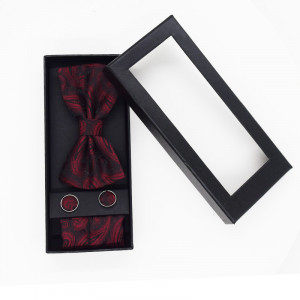 Set 3 piese Mistery, pentru barbati, papion, buton si batista din stofa, rosu-negru, M0
