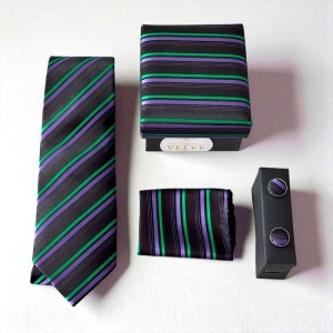 Set 3 piese Tie, pentru barbati, cravata, batista si butoni, Negru - Img 4