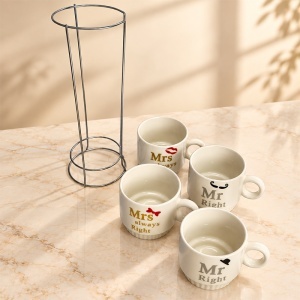 Set 4 cani Mr Right si Mrs Always Right, 200 ml fiecare, cu suport metalic, inaltime 25 cm, in cutie stilizata - Img 5