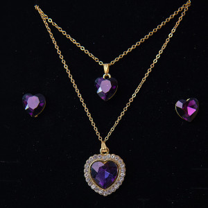 Set accesorii Danser a Deux, din inox, cu cercei, pandativ cu pietre si sirag cu doua lanturi, in cutie eleganta, Gold Heart Mov 1