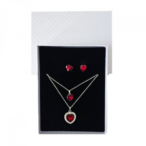 Set accesorii Danser a Deux, din inox, cu cercei, sirag cu doua lanturi si pandativ cu pietre, in cutie eleganta, Silver Heart Rosu - Img 1