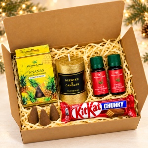 Set cadou Aroma Bliss, cu KitKat Chunky, lumanare, conuri Ananas si 2 uleiuri parfumate, Model Galben - Img 4