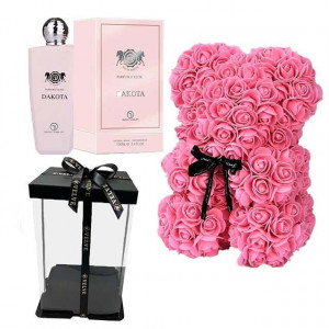 Set cadou femei, Ursulet floral roz cu inima alba din spuma 25 cm si Parfum Grandeur Elite, Dakota, Femei, 100ml