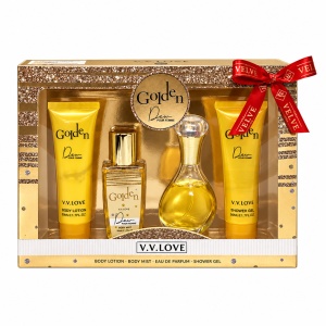 Set cadou femei V.V.LOVE Golden, apa de parfum 30 ml, body mist, gel de dus si lotiune de corp