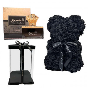 Set cadou fete, Ursulet floral din spuma 25 cm si Parfum Rose Kashmiri 100 ml