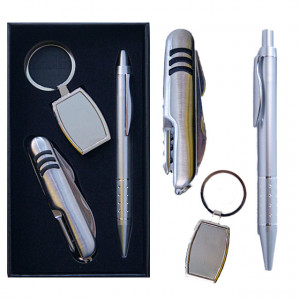 Set cadou pentru barbati, 3 piese, briceag multifunctional, pix si breloc metalic, Argintiu