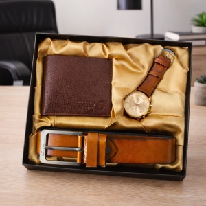 Set cadou pentru barbati Calvin, cutie cu trei articole practice si detaliu satinat, portofel, curea si ceas casual, Maro