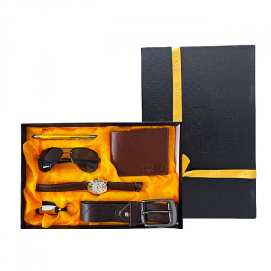 Set cadou pentru barbati ELEGANT COLLECTION, cutie cu portofel, ceas, curea, ochelari de soare, breloc si pix, 32x21 cm