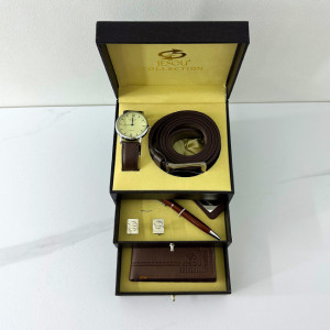 Set cadou pentru barbati JESOU COLLECTION, cutie cu doua sertare, ceas, portofel, set butoni cu ac pentru cravata, pix, breloc si curea din piele 16x16 cm, Maro3