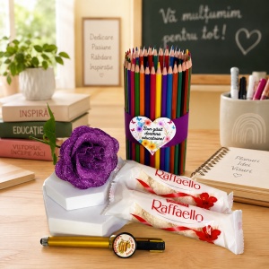 Set cadou pentru Educatoare, cu creioane colorate, pix personalizat, trandafir de sapun si Raffaello - Img 2