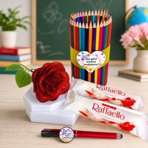 Set cadou pentru Invatatoare, cu creioane colorate, pix personalizat, trandafir rosu de sapun si Raffaello