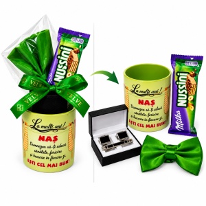 Set cadou pentru nas, Green Edition, cu cana cu mesaj, papion verde, butoni, ac de cravata si Milka Nussini - Img 2