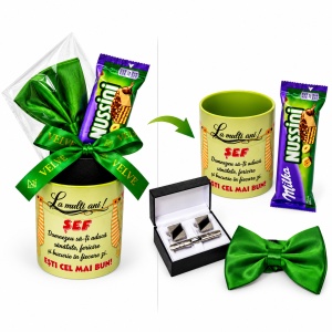 Set cadou pentru sef, Green Edition, cu cana cu mesaj, papion verde, butoni, ac de cravata si Milka Nussini - Img 3