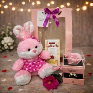 Set cadou Special Valentine, cu iepuras de plus 25cm, floare Anemona de sapun, ciocolata Raffaello 90gr, cutie cu sertar, brosa, trandafir sapun roz, in punga cadou