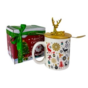 Set cana ceramica cu capac si lingurita, Ren Auriu, ambalata in cutie cadou, 250 ml