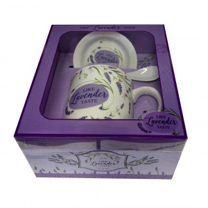 Set cana din ceramica Energy Mug, 300ml, cu lingurita si farfurie din ceramica, imprimata floral, in cutie eleganta, Lavender Taste - Img 6