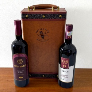 Set caseta eleganta Fine Wine pentru doua sticle, cu maner, doua sticle de vin Bottega 750 ml si set 4 accesorii pentru vin, Maro - Img 3