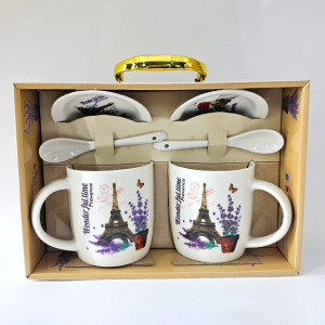 Set ceramic, LOVE Paris, doua cani imprimate cu Turnul Eiffel, 350ml, doua lingurite ceramice si farfurii asortate, in cutie eleganta, Ghiveci Lavanda Bej 3
