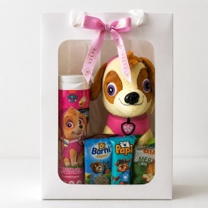 Set complet pentru fete Skye Paw Patrol, jucarie de plus, gel de sus 2in1 si selectie de dulciuri, in ambalaj premium cu funda - Img 2