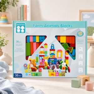 Set cuburi educative din lemn Farm Animals Blocks, 100 piese, cu animale de ferma, Multicolor, 3 ani+