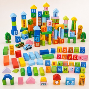 Set cuburi educative din lemn Smart Town Blocks, 100 piese, pentru construit oras, Multicolor, 36 luni+ - Img 4