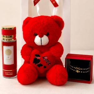 Set dama Teddy Box cu ursulet rosu cu inima de plus, spray de corp arabesc VV LOVE si set de bratari in cutie rosie - Img 4