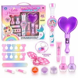 Set de infrumusetare pentru fete, cu oglinda luminoasa, ceas, palete si accesorii, 3+ ani