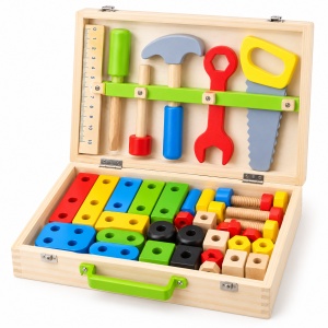 Set de scule din lemn pentru copii, 69 piese, cutie portabila, accesorii de constructie, 3ani+