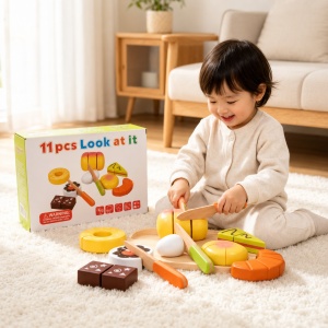 Set din lemn pentru copii, cu alimente si accesorii pentru feliat, 11 piese, Multicolor, 3 ani+