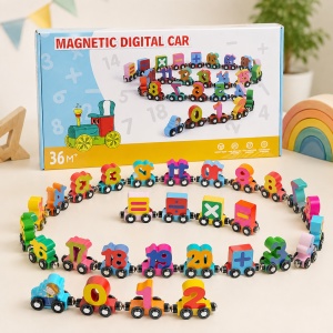 Set educativ trenulet magnetic din lemn cu cifre si simboluri matematice, Magnetic Digital Car, Multicolor, 36 luni+