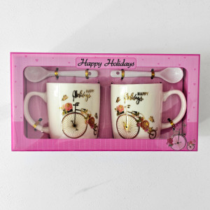 Set elegant ceramic, Happy Holidays, cu doua cani imprimate, 300ml si doua lingurite ceramice, in cutie eleganta, Retro Bicycle, Mov 4