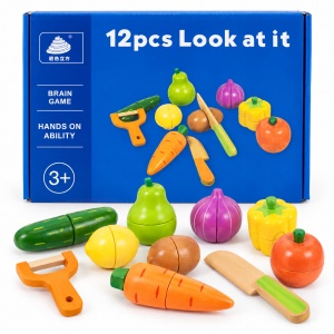 Set fructe si legume de taiat din lemn pentru copii, 12 piese, cutit si curatator, multicolor, 3+ ani - Img 3